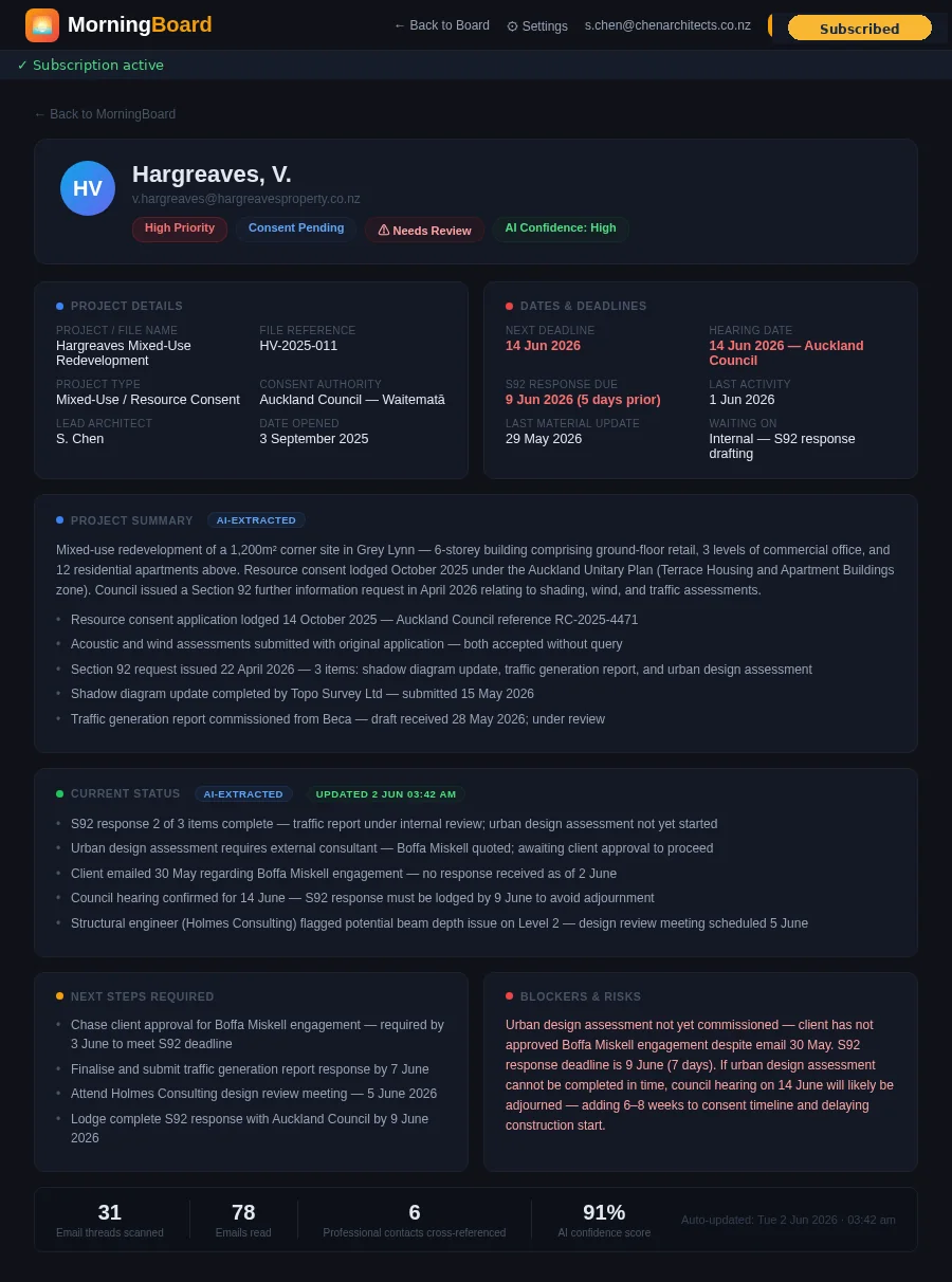 AI-extracted client detail panel for an architecture resource consent project